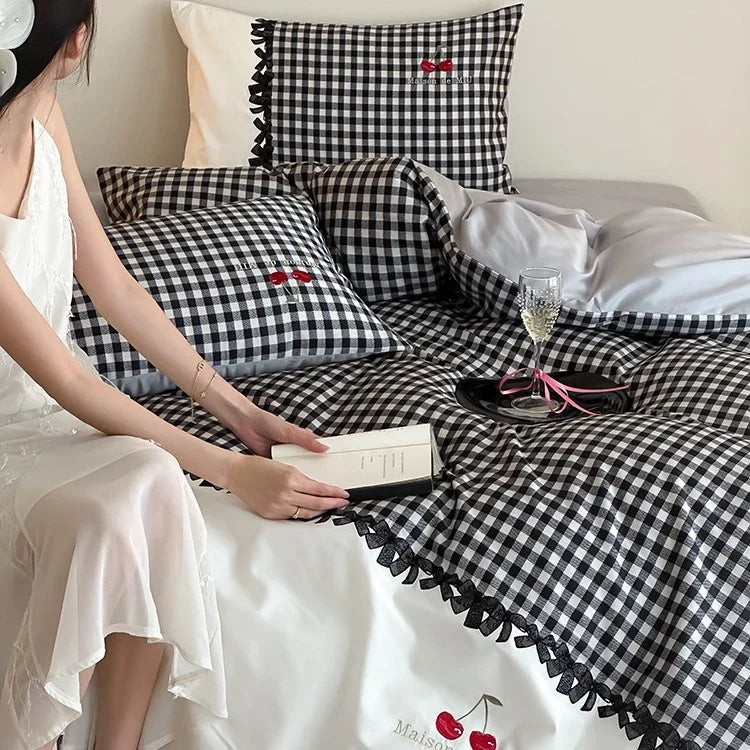 Bedding Set Cotton Satin Vichy Check Concealed Closures