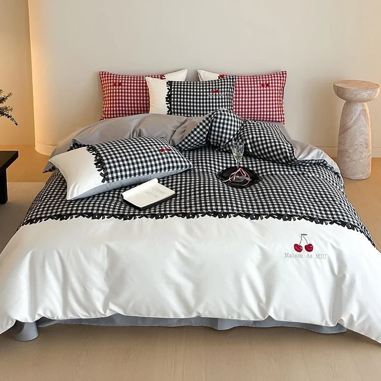 Bedding Set Cotton Satin Vichy Check Concealed Closures