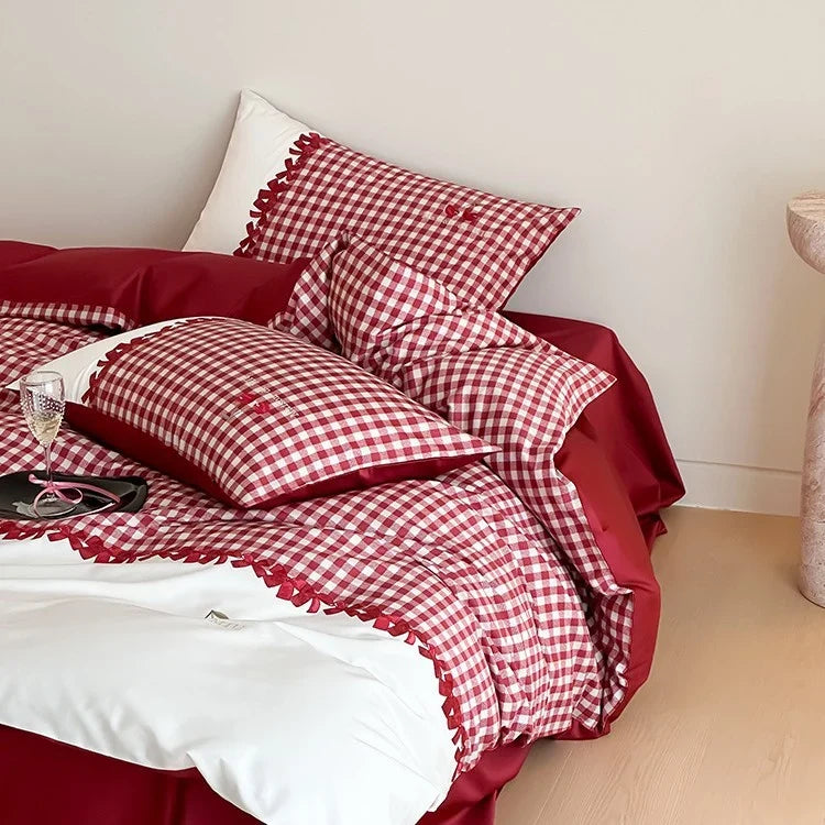 Bedding Set Cotton Satin Vichy Check Concealed Closures