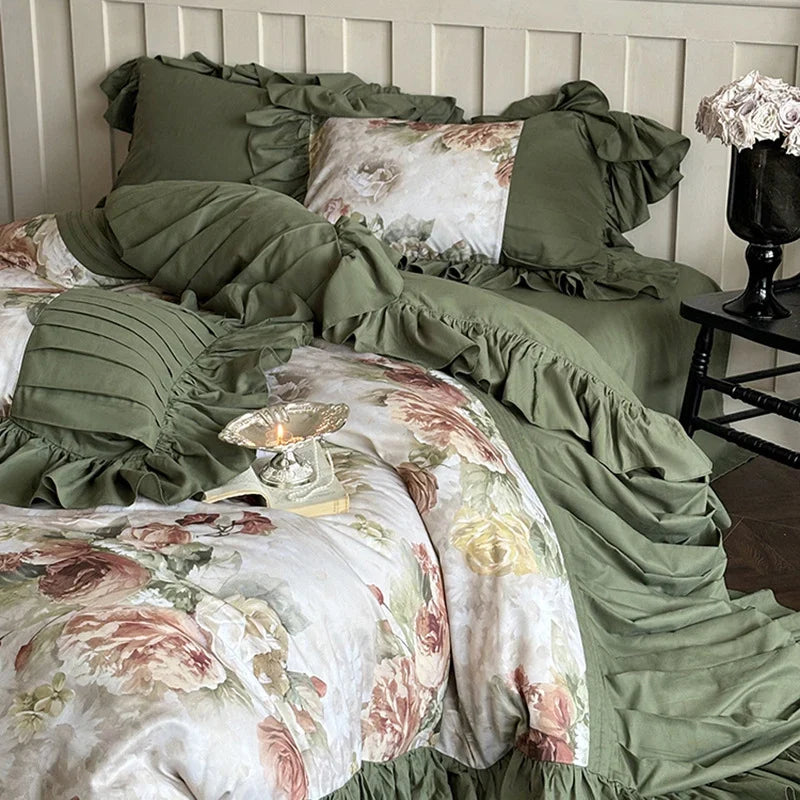 Bedding Set Cotton Satin Vintage Rose & Ruffles 4-Piece