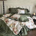 Bedding Set Cotton Satin Vintage Rose & Ruffles 4-Piece