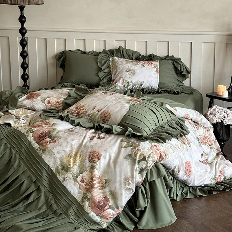 Bedding Set Cotton Satin Vintage Rose & Ruffles 4-Piece