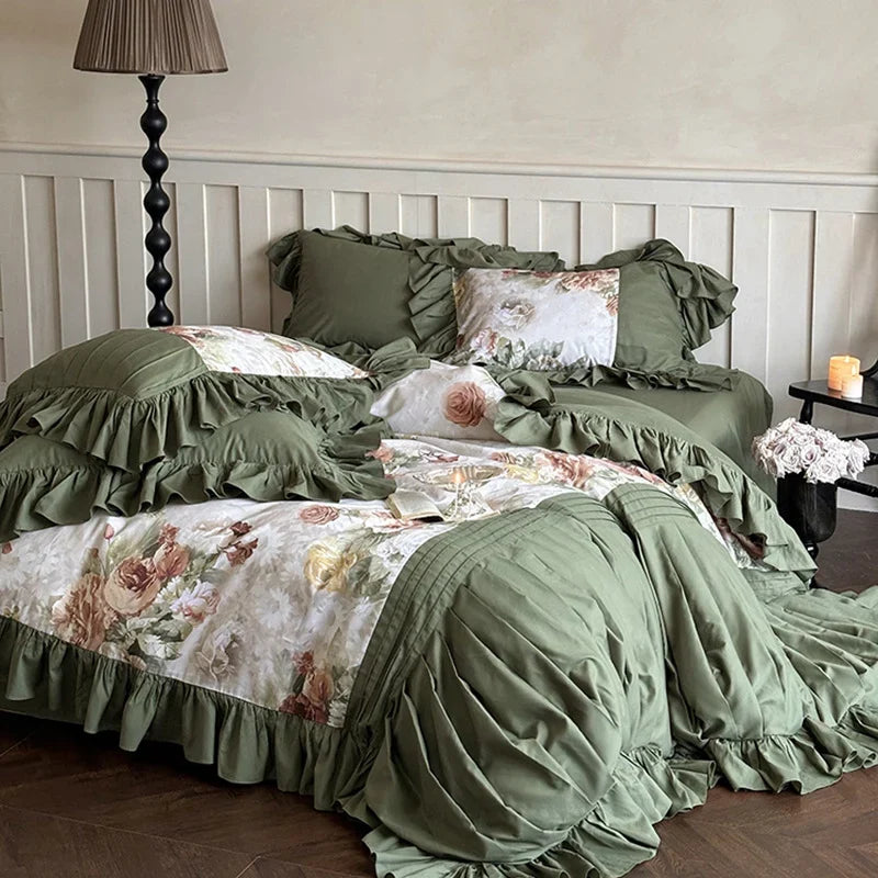 Bedding Set Cotton Satin Vintage Rose & Ruffles 4-Piece