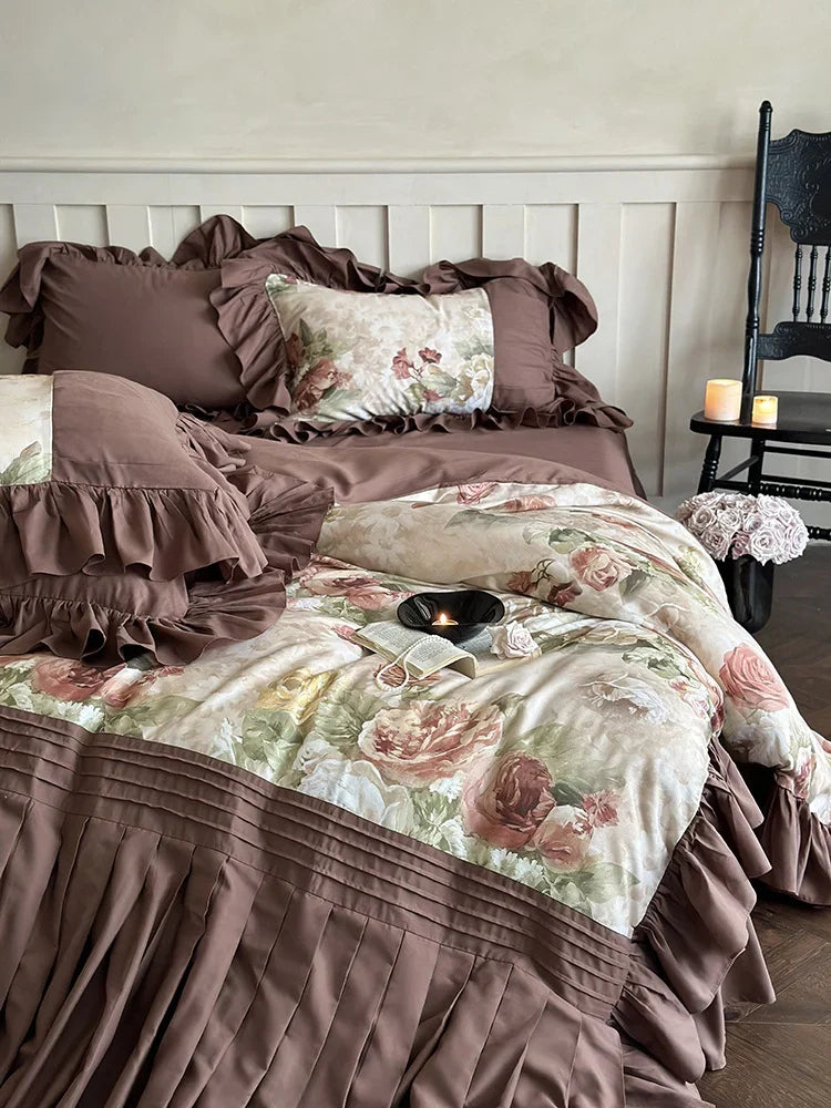 Bedding Set Cotton Satin Vintage Rose & Ruffles 4-Piece