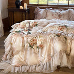 Bedding Set Cotton Satin Watercolor Floral Ruffle Trim