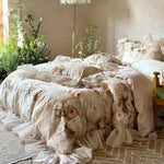 Bedding Set Cotton Satin Watercolor Floral Ruffle Trim