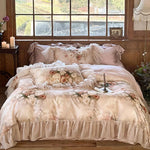Bedding Set Cotton Satin Watercolor Floral Ruffle Trim