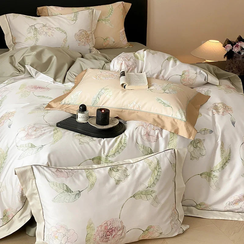 Bedding Set Cotton Satin Watercolor Rose Concealed Zipper