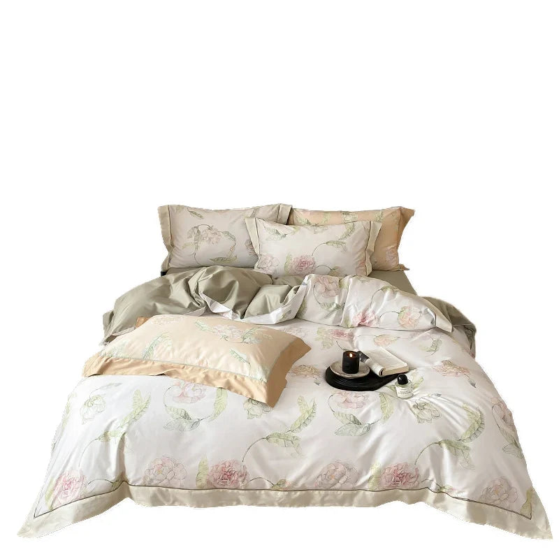 Bedding Set Cotton Satin Watercolor Rose Concealed Zipper