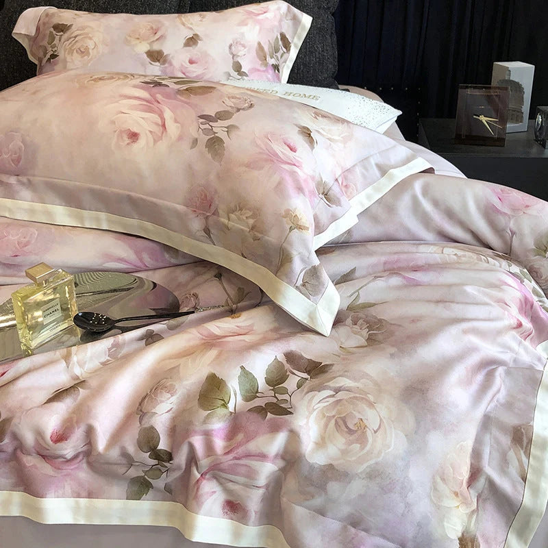 Bedding Set Cotton Satin Watercolor Rose Print Set of 4