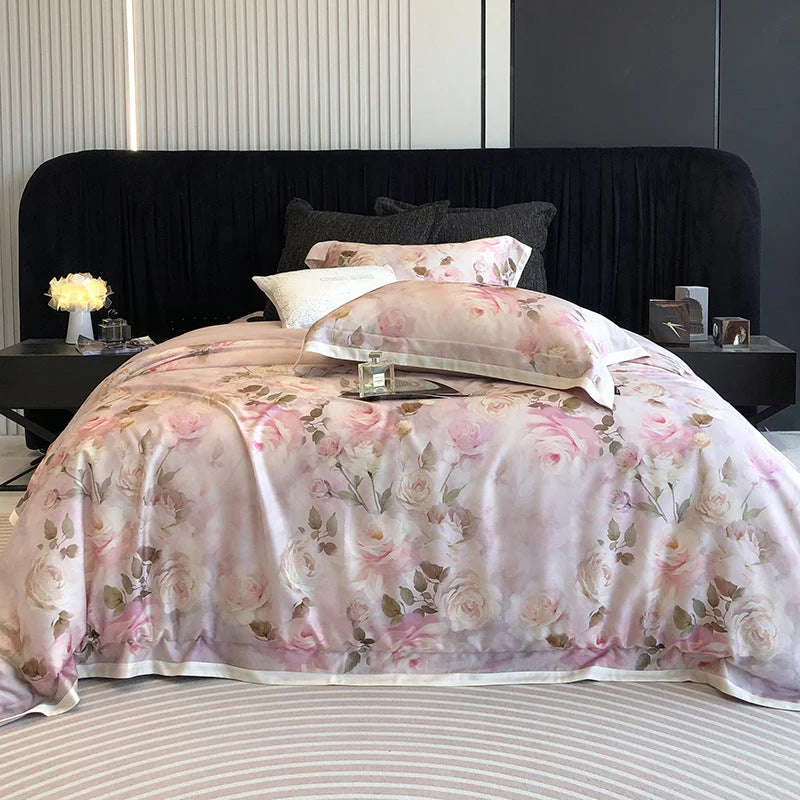 Bedding Set Cotton Satin Watercolor Rose Print Set of 4