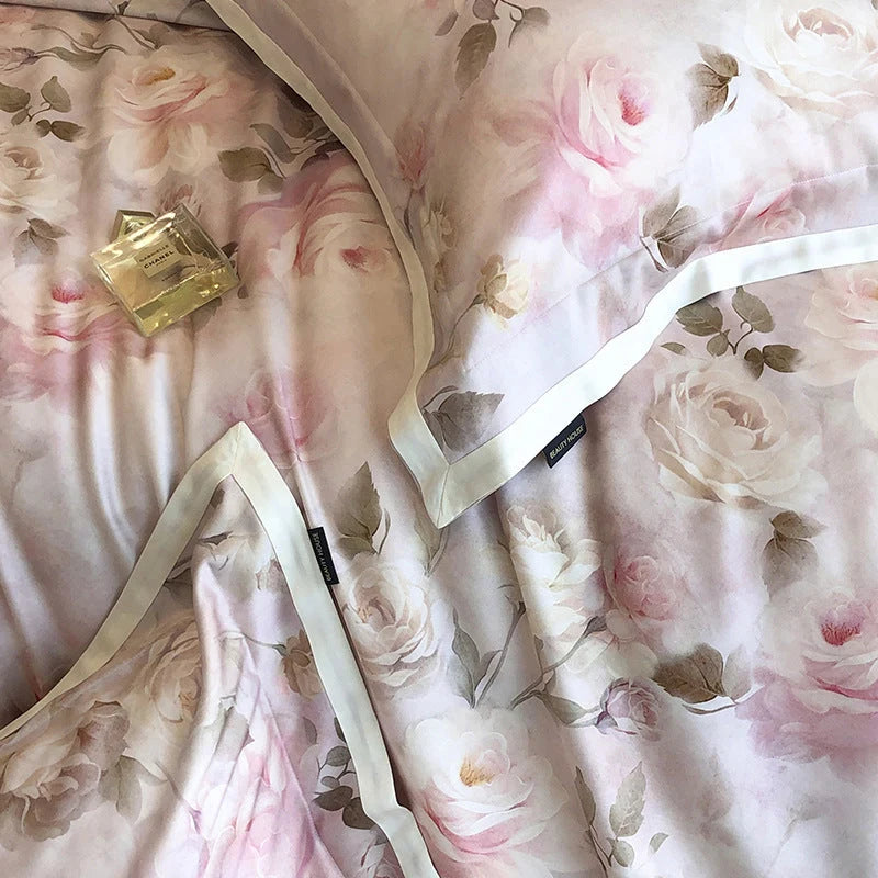Bedding Set Cotton Satin Watercolor Rose Print Set of 4