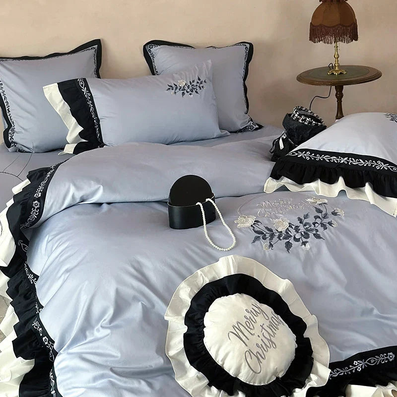 Bedding Set Embroidered Cotton Satin Concealed Zipper