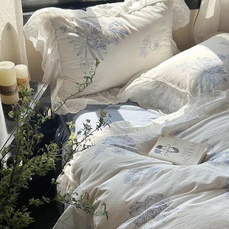 Bedding Set Embroidered Floral Breathable Cotton