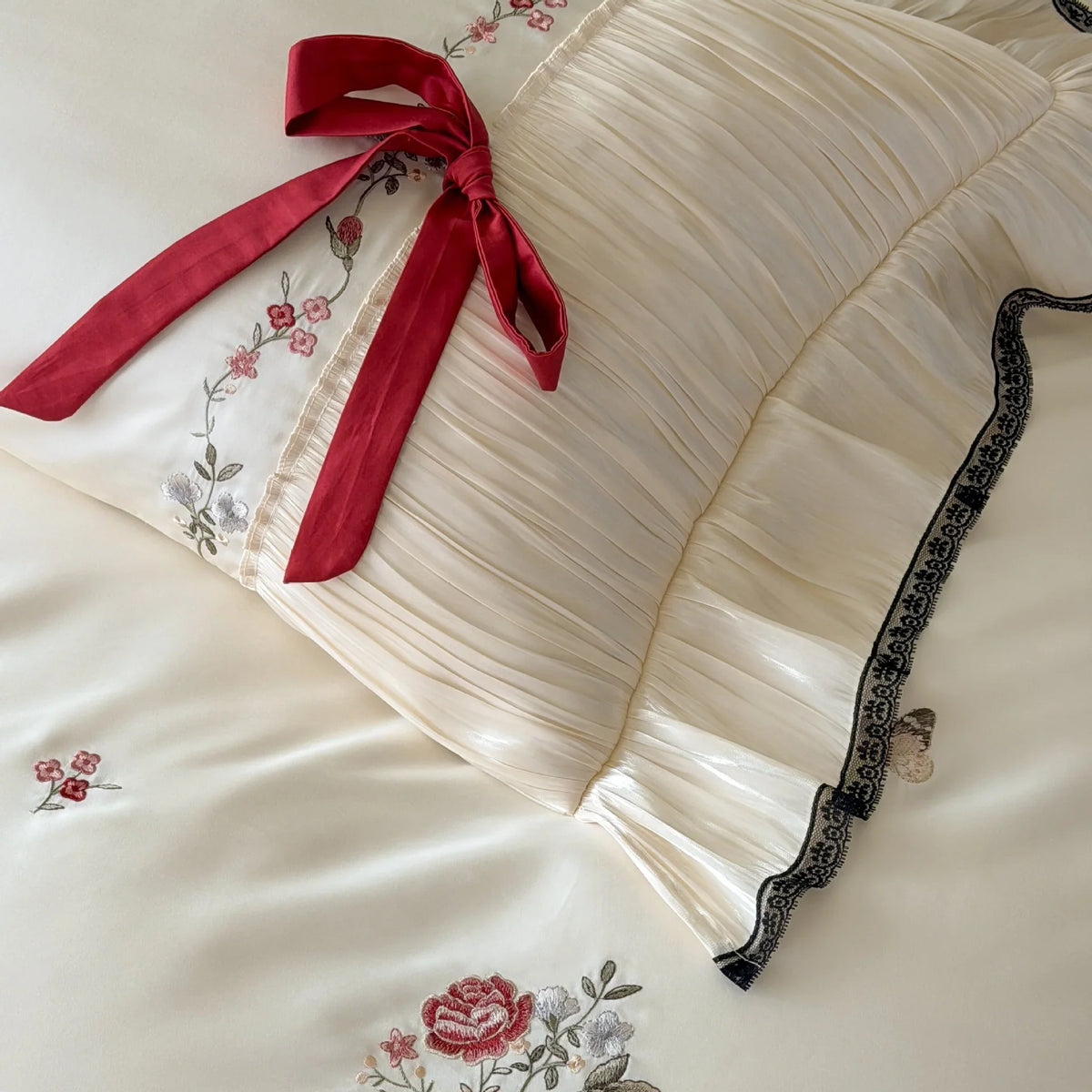 Bedding Set Embroidered Floral Cotton Satin 4-Piece