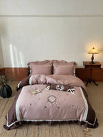 Bedding Set Embroidered Frilled Cotton Satin 4-Piece