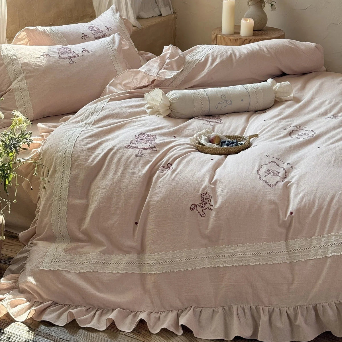 Bedding Set Embroidered Lace Trim Ruffled Hem