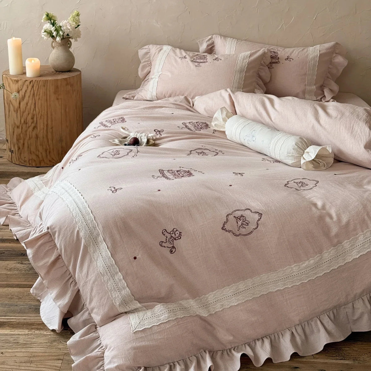 Bedding Set Embroidered Lace Trim Ruffled Hem