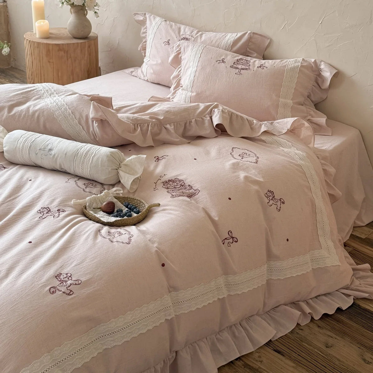 Bedding Set Embroidered Lace Trim Ruffled Hem