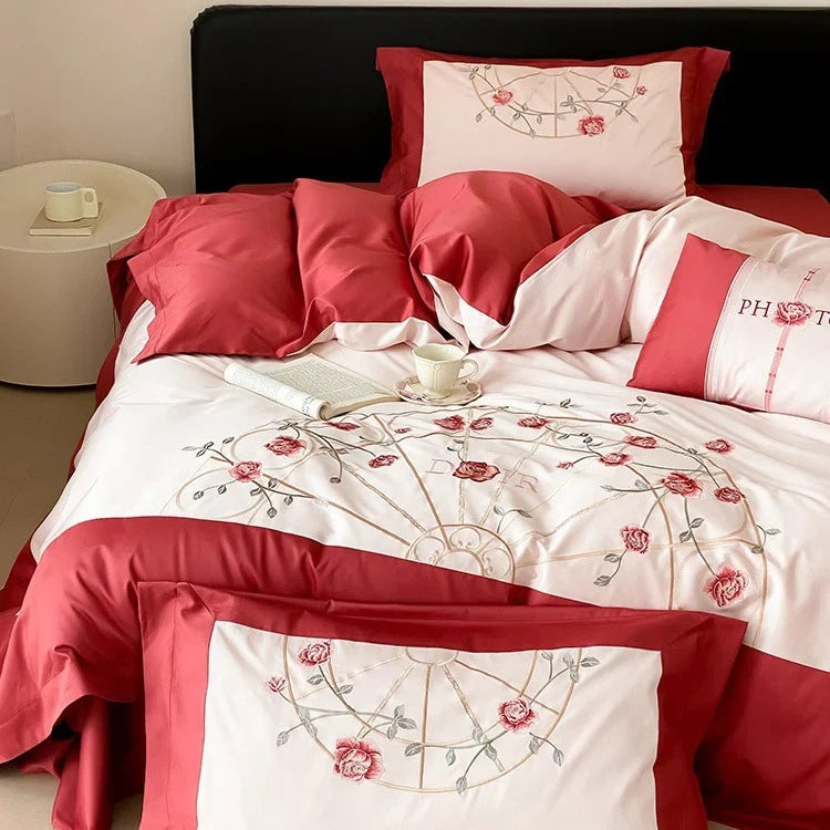 Bedding Set Embroidered Rose Cotton Satin & Machine Washable