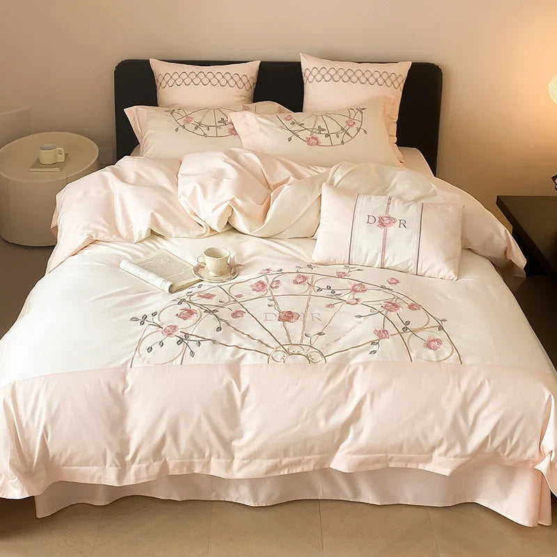 Bedding Set Embroidered Rose Cotton Satin & Machine Washable