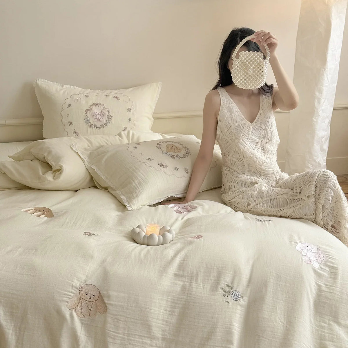 Bedding Set Embroidered Vintage Rose 100% Cotton Machine Washable
