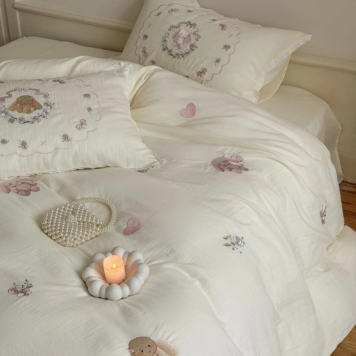 Bedding Set Embroidered Vintage Rose 100% Cotton Machine Washable