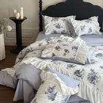 Bedding Set Fine Cotton Satin Vintage Print Ruffle Trim