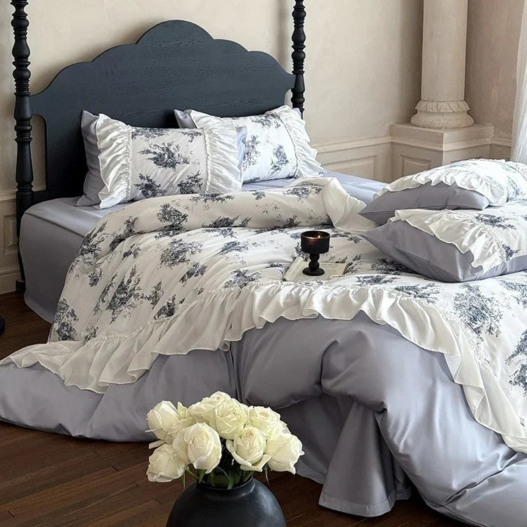 Bedding Set Fine Cotton Satin Vintage Print Ruffle Trim