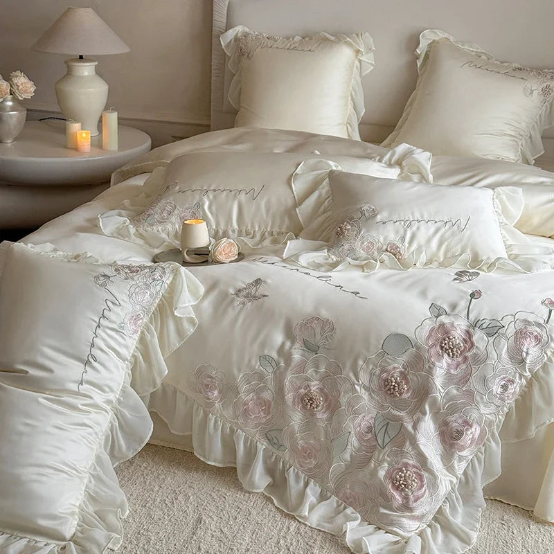 Bedding Set Fine Satin 3D Rose Appliqués 4-Piece Set