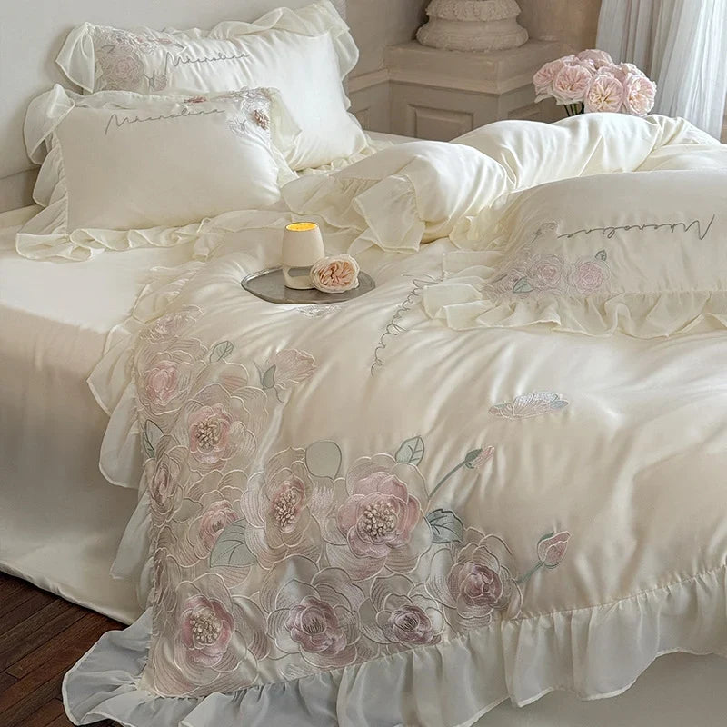 Bedding Set Fine Satin 3D Rose Appliqués 4-Piece Set