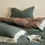 Bedding Set Flannel Reversible Check Pattern Lace Trim