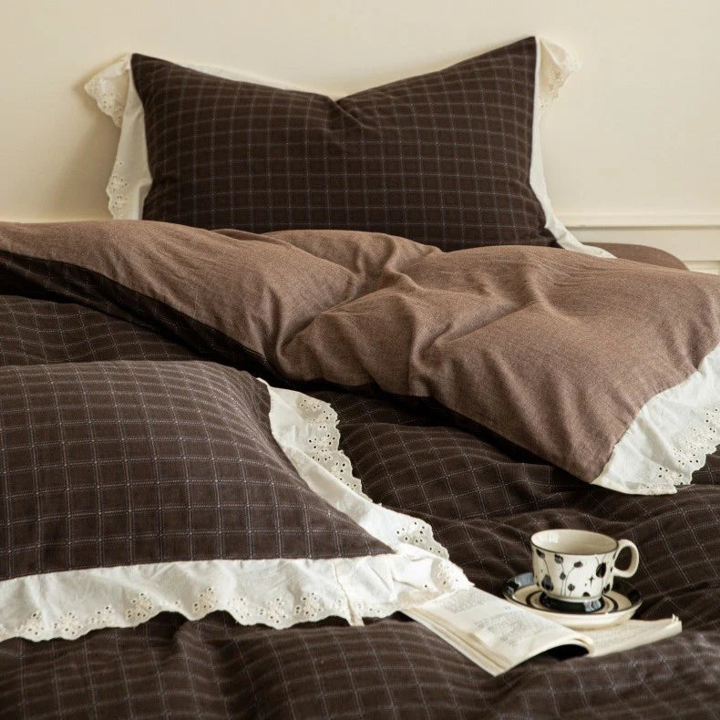 Bedding Set Flannel Reversible Check Pattern Lace Trim