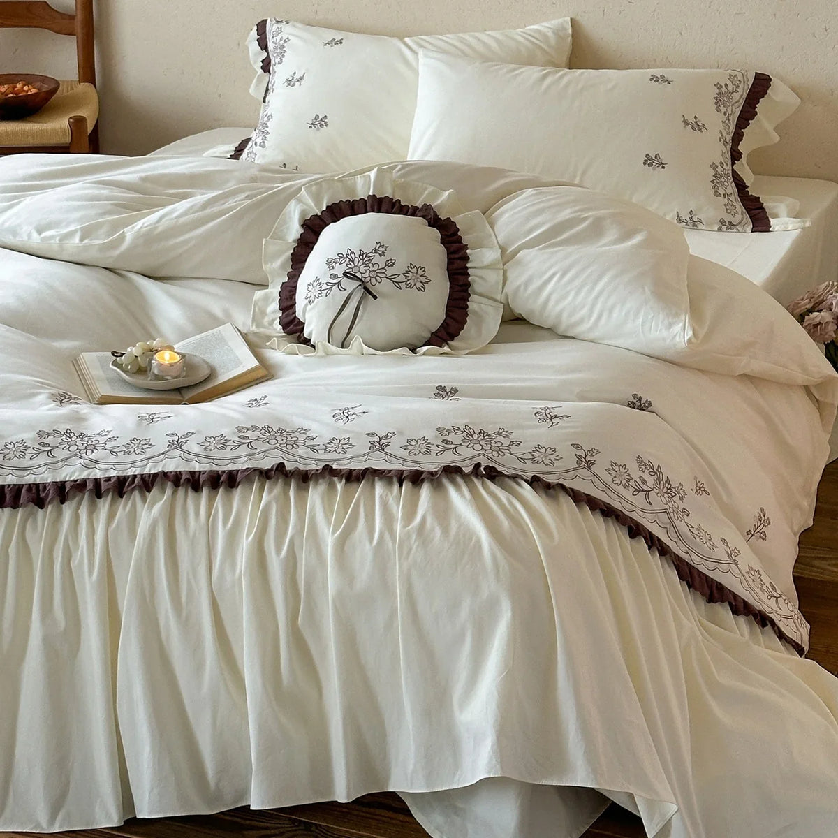Bedding Set Floral Embroidered Topper & Ruffled Bed Skirt