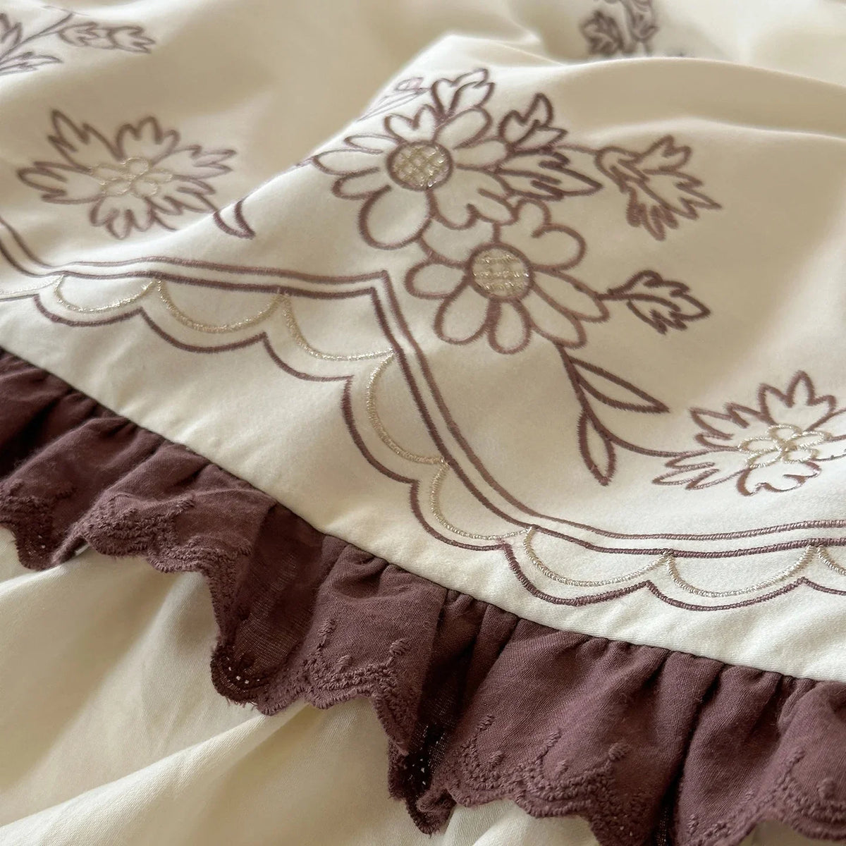 Bedding Set Floral Embroidered Topper & Ruffled Bed Skirt