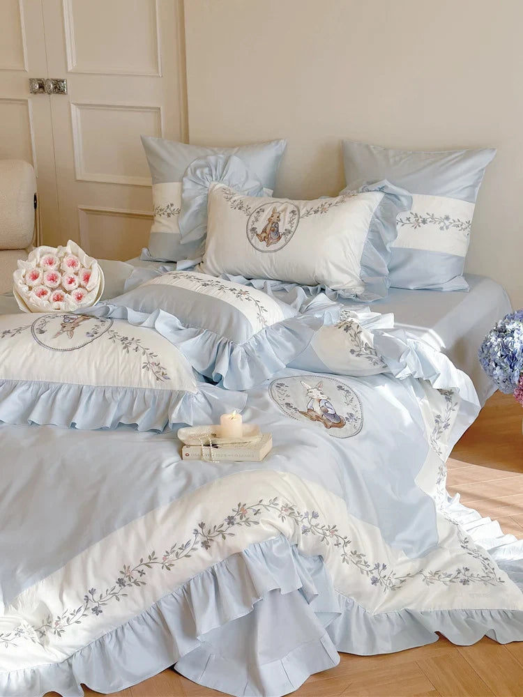 Bedding Set Floral Embroidery Ruffle Edge Breathable Cotton Blend