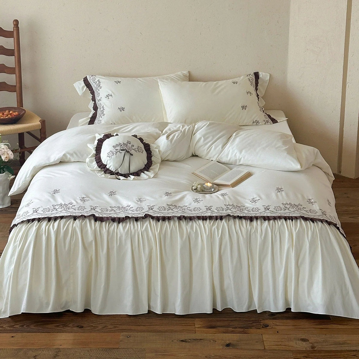 Bedding Set Floral Embroidery Ruffled Bed Skirt