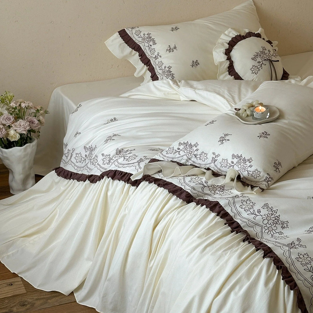 Bedding Set Floral Embroidery Ruffled Bed Skirt
