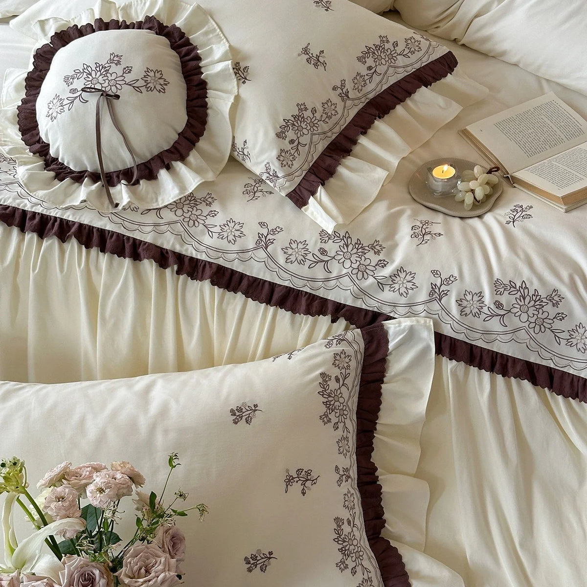 Bedding Set Floral Embroidery Ruffled Bed Skirt