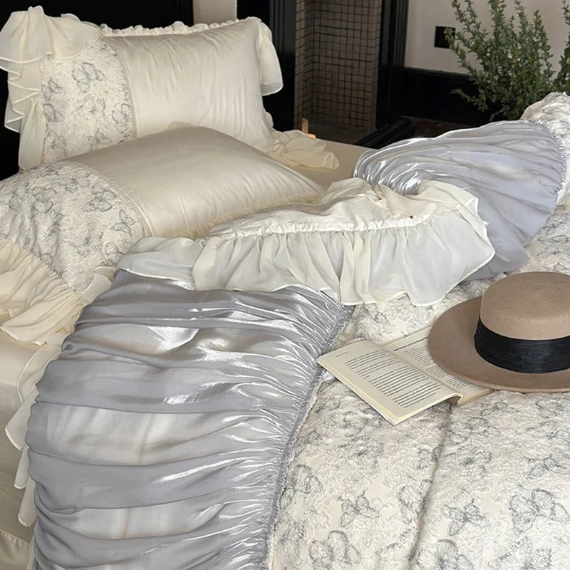Bedding Set Floral Jacquard & Gathered Satin 4-Piece Set