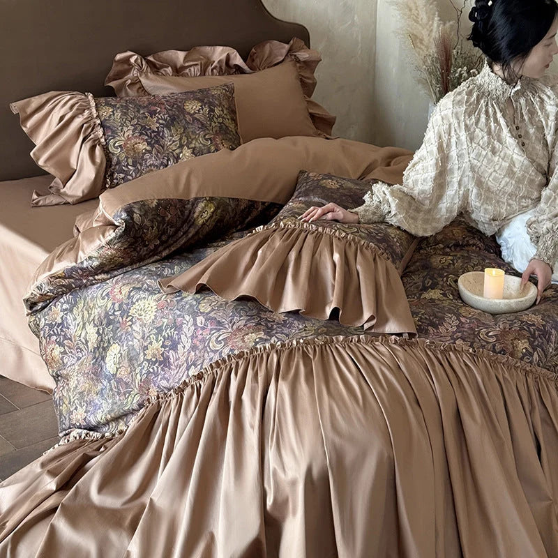 Bedding Set Floral Jacquard Ruffle Trim 4-Piece