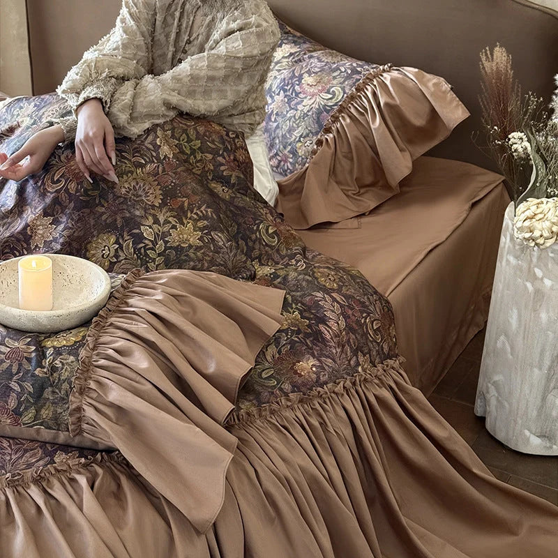 Bedding Set Floral Jacquard Ruffle Trim 4-Piece