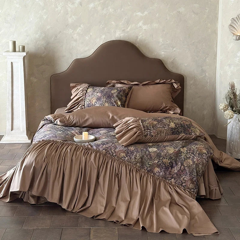 Bedding Set Floral Jacquard Ruffle Trim 4-Piece