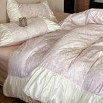 Bedding Set Floral Jacquard Ruffled Edges Satin Finish 4-Piece Set