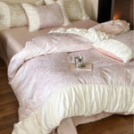 Bedding Set Floral Jacquard Ruffled Edges Satin Finish 4-Piece Set