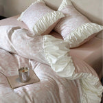 Bedding Set Floral Jacquard Ruffled Edges Satin Finish 4-Piece Set