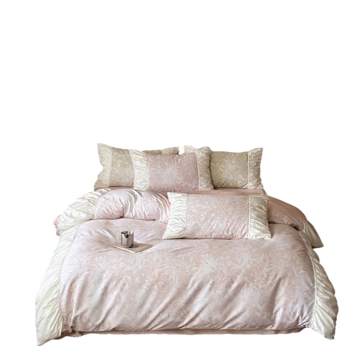 Bedding Set Floral Jacquard Ruffled Edges Satin Finish 4-Piece Set