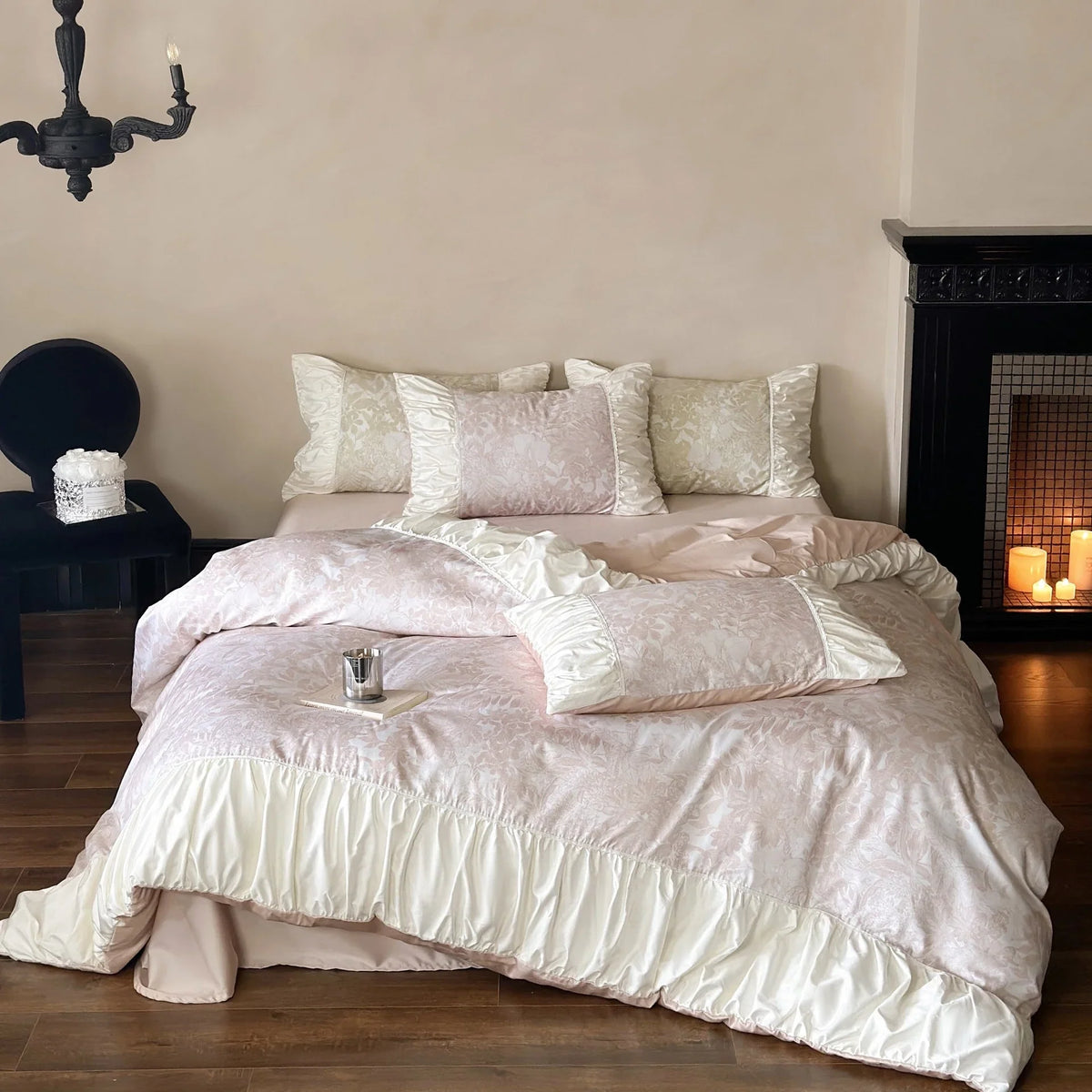 Bedding Set Floral Jacquard Satin Ruffled Edges