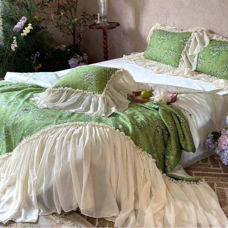 Bedding Set Floral Print Cotton Blend Ruffled Edges
