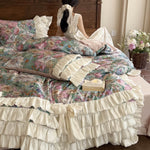 Bedding Set Floral Print Ruffle Trim 4-Piece